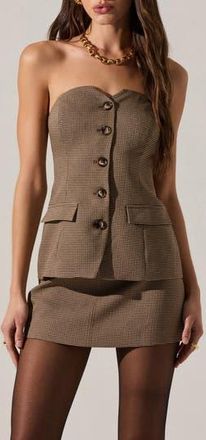 ASTR the Label Milani Houndstooth Strapless Button-Up Top in Brown Houndstooth at Nordstrom Rack, Size Large