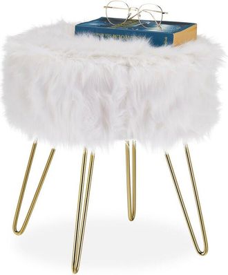Relaxdays Stool, Faux Fur Round Seat, Elegant Upholstered Pouf, Metal Legs, Modern & Glamorous, HxØ: 40x38cm, White/Gold - Relaxdays