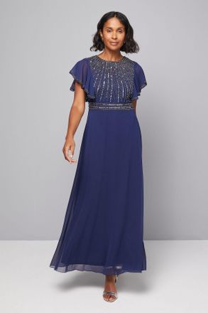 Wallis Womens Embellished Ruffle Sleeve Maxi Dress - Navy - Size 16 UK