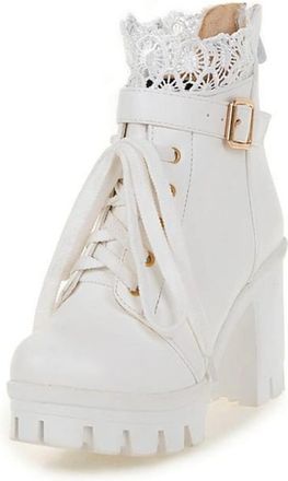 Generic Elevated Winter Fashion Women Autumn Mid Calf Boots with Lace Up Design for Stylish Comfort and Height Increase (White, 4.5)