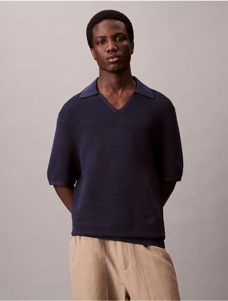 Calvin Klein Mens Tech Knit Sweater Polo Shirt - Blue - S