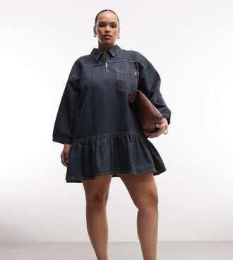 Collusion Plus - Vestito grembiule lavaggio scuro con maniche a sbuffo-Blu navy