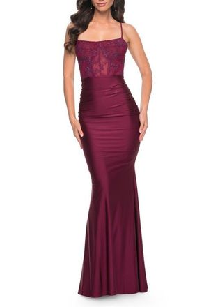 La Femme Ruched Jersey Dress with Illusion Corset Lace Top in Dark Berry at Nordstrom, Size 00