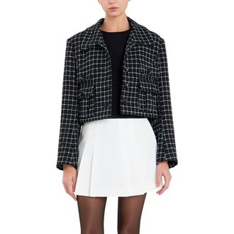 English Factory Windowpane Check Tweed Crop Blazer in Black at Nordstrom, Size Small
