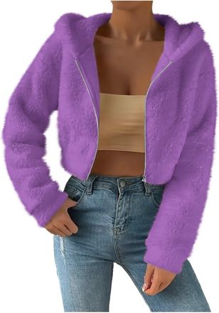 Generic Winter Jackets for Women UK Warm Fleece Cropped Coats Zip Up Long Sleeve Fuzzy Hoodies Soft Lightweight Plush Coat Ladies Solid Color Casual Hooded Ja