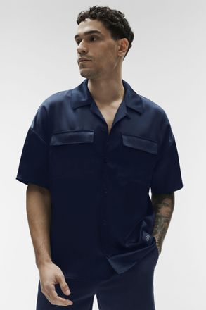Alo | Satin Horizon Short Sleeve Button Up Top in Navy, Size: Medium