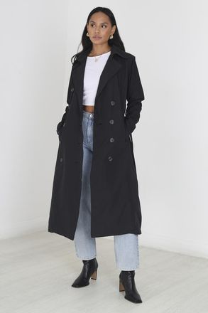 Brave Soul Womens Double-Breasted Longline Trench Coat - Black - Size 10 UK