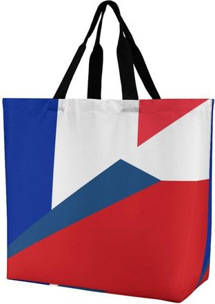 Generic France And Czech Flag Large Reusable Shopping Bag Lightweight Foldable Tote Bags Washable Shoulder Handbag