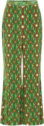 Camilla 70s Ge&iuml;nspireerde Groene Geometrische Flare Broek - Dames - Wijde Broeken - Veelkleurig - S - Broeken
