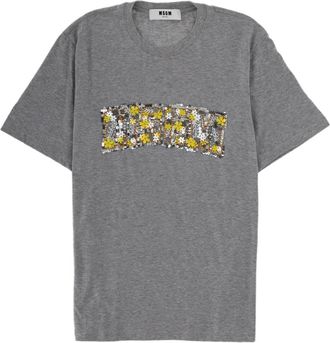 Msgm Black Sequin Floral Patch Cotton T-Shirt