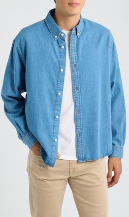 Frame Denim Solid Cotton Blend Denim Button-Down Shirt in Whisper Sky at Nordstrom, Size X-Large