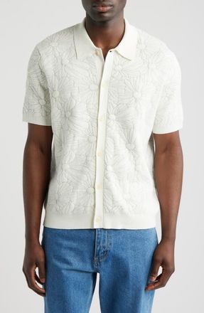 Wax London Tellaro Short Sleeve Floral Jacquard Cotton Blend Cardigan in Ecru /Natural at Nordstrom, Size Xx-Large