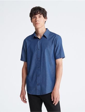 Calvin Klein Mens Chambray Button Down Short Sleeve Shirt - Navy - XS