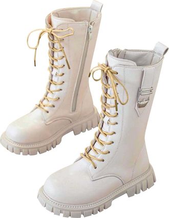 Generic Girls Lace-Up Mid Calf Combat Boots with Side-On Zipper Round Toe Water Proof Comfortable Warm Shoes Chunky Heel Non-Slip Casual Punk Goth Riding Walk