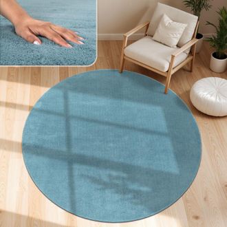 Paco Home Paco Home Tappeto Moderno per Soggiorno a Pelo Corto Lavabile Morbido Uni Effetto Pelliccia Antiscivolo Turchese, &Oslash; 200 cm tondo
