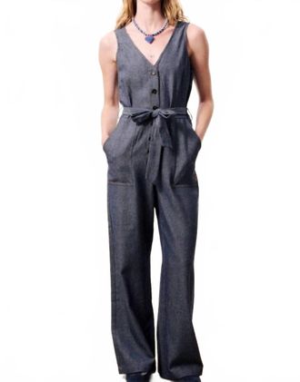 FRNCH Linen Blend Jumpsuit In Bleu Marine