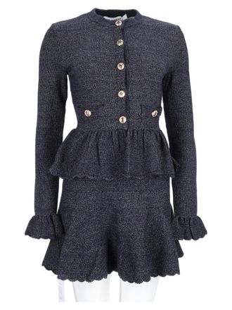 Self Portrait Blue Peplum Textured Knit Mini Dress