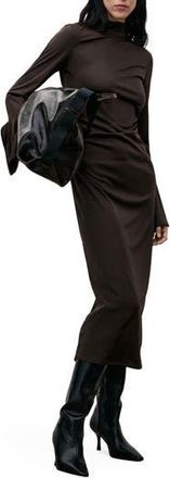 Mango Ruched Long Sleeve Midi Dress in Brown at Nordstrom Rack, Size 6