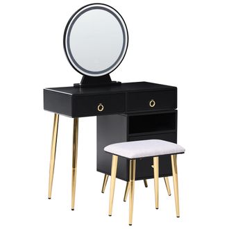 Beliani Beliani - Tocador Led Negro Dorado Gris 98 X 38 Cm Mdf 6 Cajones Espejo Taburete Yves