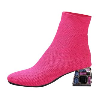 Generic Winter Large Size Womens Fashion Knitted Stretch Ankle Boots with Square Toe and Thick Heel Design for Everyday Comfortable Wear (Red, 5. 5)