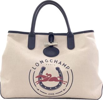 Longchamp Navy White Canvas Leather Tote Bag (Pre-Owned)