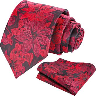Alizeal Mens Tie with Hanky Set Floral Silky for Wedding Party Necktie and Handkerchief Set, Burgundy