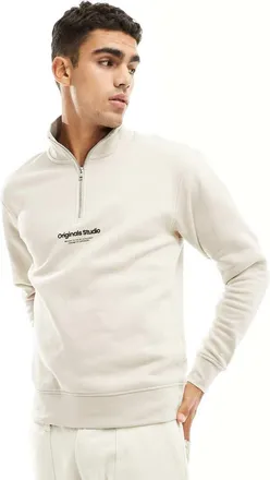 Jack & Jones 1/4 zip sweat with central logo in beige-Neutral