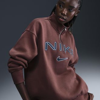 Nike Womens Nike Sportswear Phoenix Fleece Oversized 1/4-Zip Logo Top in Brown | FV7679-218