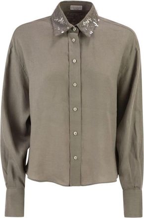 Brunello Cucinelli Linnen Blouse met Versierde Kraag - Dames - Overhemden - Groen - S - Linnen - Overhemden