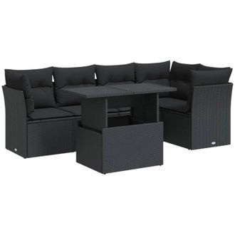 vidaXL Set De Sof&aacute;s De Jard&iacute;n 6 Piezas Y Cojines Rat&aacute;n Sint&eacute;tico Negro