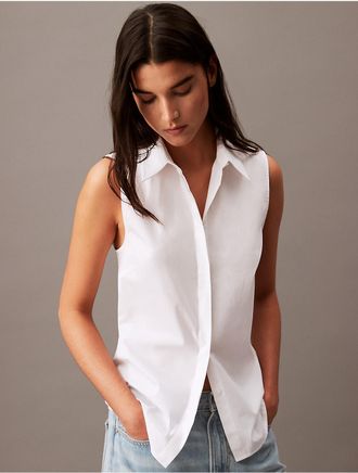 Calvin Klein Womens Stretch Poplin Sleeveless Top - White - XS