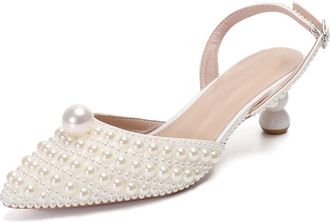 Minitoo Womens Slingback Wedding Shoes Low Heel Formal Evening Prom Pumps H007 Ivory Jeweled UK 6.5