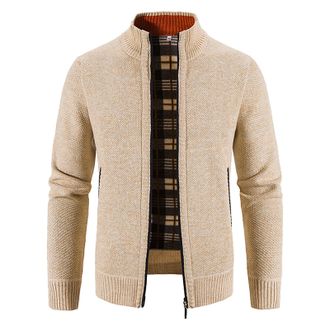Generic Mens Classic Stand Collar Cable Knitted Cardigan Thick Sweater Zip Stand Collar Full Zip Long Sleeve Knitted Open Edge Thicker Cardigan Classic Style 
