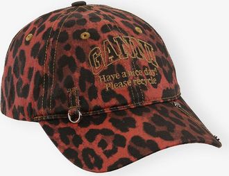 Ganni Red Leopard Cap in Racing Red Organic Cotton Womens