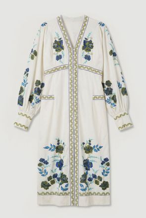 Karen Millen Womens Plus Size Embroidered Cotton Twill Woven Maxi Dress - White - Size 20 UK
