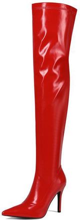 Generic Red,5.5 UK,Womens Thigh High Boots Patent Leather PU Over The Knee Boots Pointy Toe Stiletto Heel Long Boot Side Zipper Wedding Party Dress Shoes