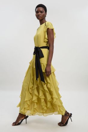 Karen Millen Womens Ruffle detail chiffon belted woven maxi dress - Lime Green - Size 14 UK