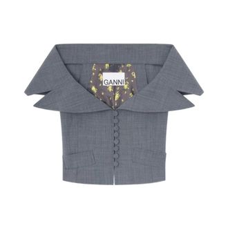 Ganni Sleeveless Tops, female, Gray, Size: M Button-up Top with Bardot Neckline