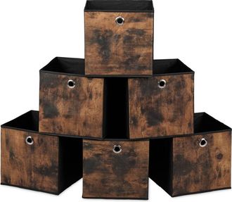 Relaxdays Relaxdays Fabric Storage Cubes, Set of 6, HxWxD: 26x26x26 cm, Wood Effect, Foldable, Shelf Organiser Boxes, Black/Brown