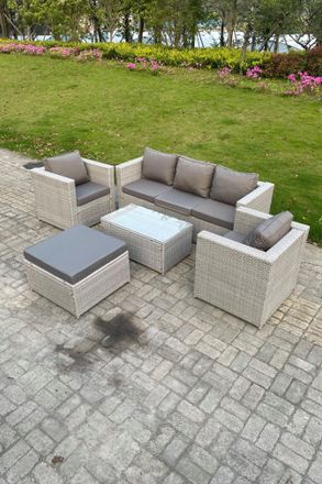 Fimous Light Grey Lounge Outdoor PE Rattan Garden Furniture Set Wicker Sofa Set Oblong Coffee Table