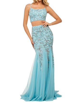 Sherri Hill Two-Piece Mermaid Gown In Light Blue