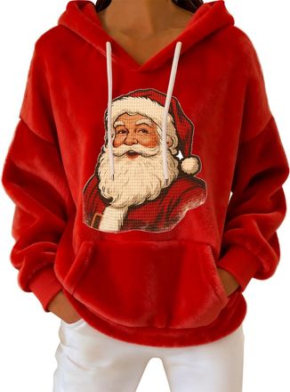 Generic Christmas Hoodies for Women Sweatshirt Cozy Fleece Print Hooded Soft Fleece Lined Pullover Pocket Long Sleeve Top Christmas Hoodies for Women Sweatshi
