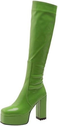Generic Womens Square Toe Long Boots with Side Zipper Patent Leather Knee High Boots Chunky High Heel Platform Boot,Green,2.5 UK