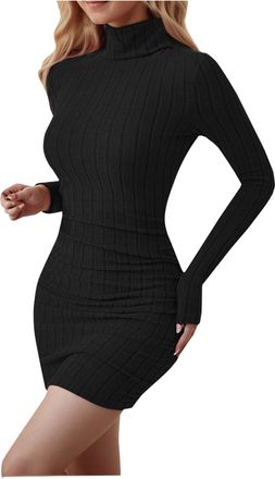 Generic Winter Jumper Dresses for Women UK Turtleneck Sweater Dresses Women Long Sleeve Cable Knit Ribbed Stretchy Sweater Bodycon Short Mini Dress (XL) Black