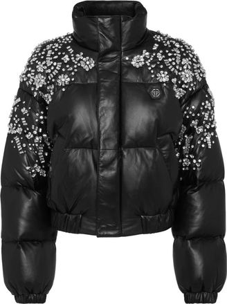 Philipp Plein Leather Puffer Jacket Crystal - Dames - Gewatteerde jassen - Zwart - XL - Leer - Jassen
