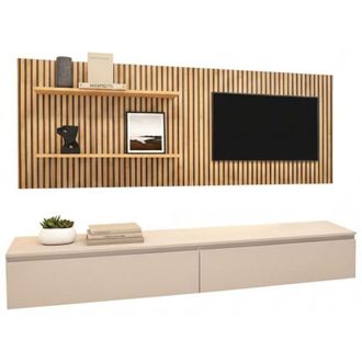 Dmora Parete Attrezzata Pollina, Mobile Soggiorno Modulabile, Apertura Standard Made in Italy, set Componibile, Beige