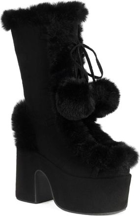 Generic Womens High Heeled Platform Boots with Pom-Pom Faux Suede Mid-Calf Boots Lace Up Winter Boot with Side Zipper,Black,4.5 UK