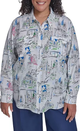 Karl Lagerfeld Oversize Printed Button-Up Shirt in Soft White Multi at Nordstrom, Size 3X