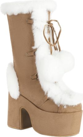 Generic Womens High Heeled Platform Boots with Pom-Pom Faux Suede Mid-Calf Boots Lace Up Winter Boot with Side Zipper,Camel,4.5 UK