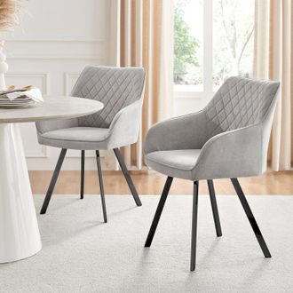 Furniturebox Set of 2 Falun Deep Padded Dining Chairs Upholstered in Soft & Durable Fabric With Black Legs in Light Grey